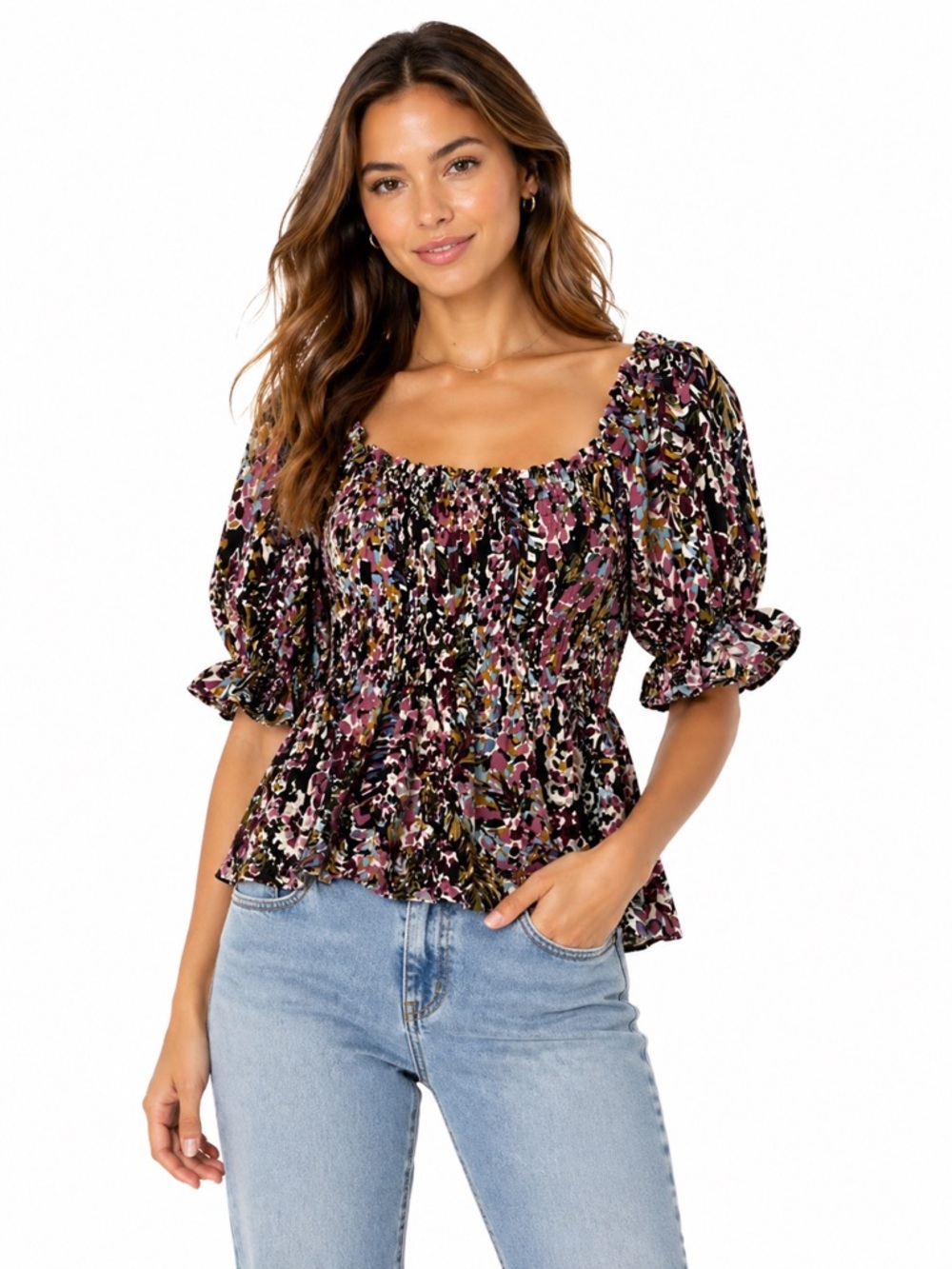 Jodifl Size Large Floral Puff Sleeve Women's Top Smocked Waist